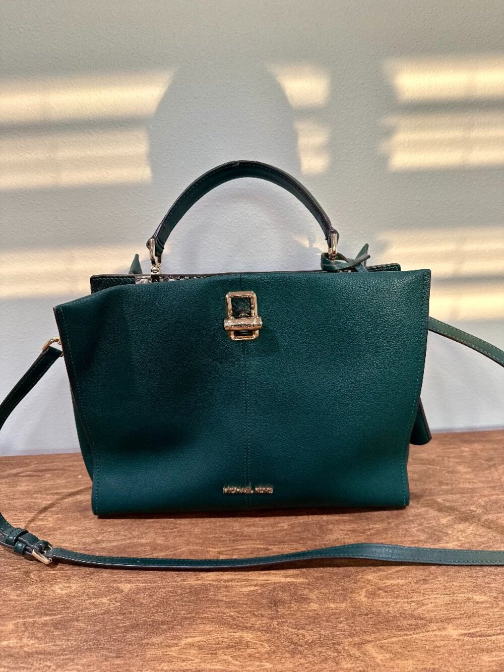 Michael Kors Penelope Large Emerald Green Leather Snake Print Satchel